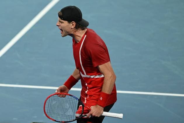 TENNIS DAVIS CUP AUSTRALIA BELGIUM, Zizou Bergs of Belgium celebrates his win over Jordan Thompson of Australia during the Davis Cup qualifying second round match at Ken Rosewall Arena in Sydney, Saturday, September 13, 2025. ( NO ARCHIVING, EDITORIAL USE ONLY SYDNEY NEW SOUTH WALES AUSTRALIA ALBION PARK  Copyright: xDEANxLEWINSx 20250913198180055758