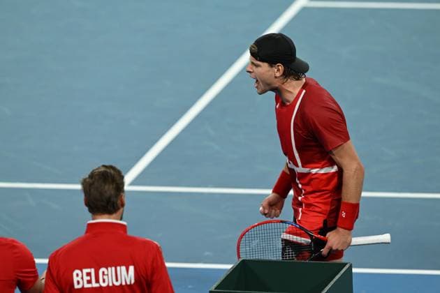 TENNIS DAVIS CUP AUSTRALIA BELGIUM, Zizou Bergs of Belgium celebrates his win over Jordan Thompson of Australia with his team mates during the Davis Cup qualifying second round match at Ken Rosewall Arena in Sydney, Saturday, September 13, 2025. ( NO ARCHIVING, EDITORIAL USE ONLY SYDNEY NEW SOUTH WALES AUSTRALIA ALBION PARK  Copyright: xDEANxLEWINSx 20250913199531045779