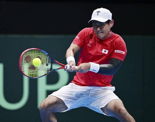 Tennis: Davis Cup Yoshihito Nishioka of Japan plays against Jan-Lennard Struff of Germany in the second round of the Davis Cup team tennis qualifiers at Ariake Colosseum in Tokyo on Set. 12, 2025.  A14AA0004844714P