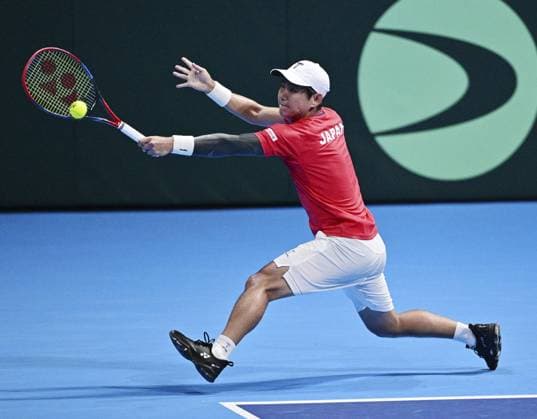 Tennis: Davis Cup Yoshihito Nishioka of Japan plays against Jan-Lennard Struff of Germany in the second round of the Davis Cup team tennis qualifiers at Ariake Colosseum in Tokyo on Set. 12, 2025.  A14AA0004844716P