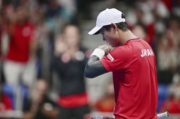 Tennis: Davis Cup Yoshihito Nishioka of Japan reacts after losing to Jan-Lennard Struff of Germany in the second round of the Davis Cup team tennis qualifiers at Ariake Colosseum in Tokyo on Set. 12, 2025.  A14AA0004844719P
