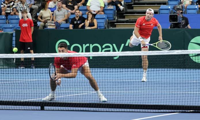 TENNIS - Davis Cup, HUN vs AUT DEBRECEN,HUNGARY,13.SEP.25 - TENNIS - ITF Davis Cup, qualification round 2, Hungary vs Austria. Image shows Alexander Erler and Lucas Miedler (AUT).  GEPAxpictures xWalterxLuger