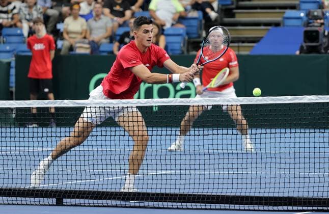 TENNIS - Davis Cup, HUN vs AUT DEBRECEN,HUNGARY,13.SEP.25 - TENNIS - ITF Davis Cup, qualification round 2, Hungary vs Austria. Image shows Alexander Erler and Lucas Miedler (AUT).  GEPAxpictures xWalterxLuger