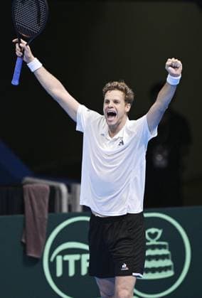Tennis: Davis Cup Yannick Hanfmann of Germany celebrates after defeating Shintaro Mochizuki of Japan in the second round of the Davis Cup team tennis qualifiers at Ariake Colosseum in Tokyo on Set. 12, 2025.  A14AA0004844722P