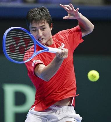 Tennis: Davis Cup Shintaro Mochizuki of Japan plays against Yannick Hanfmann of Germany in the second round of the Davis Cup team tennis qualifiers at Ariake Colosseum in Tokyo on Set. 12, 2025.  A14AA0004844723P