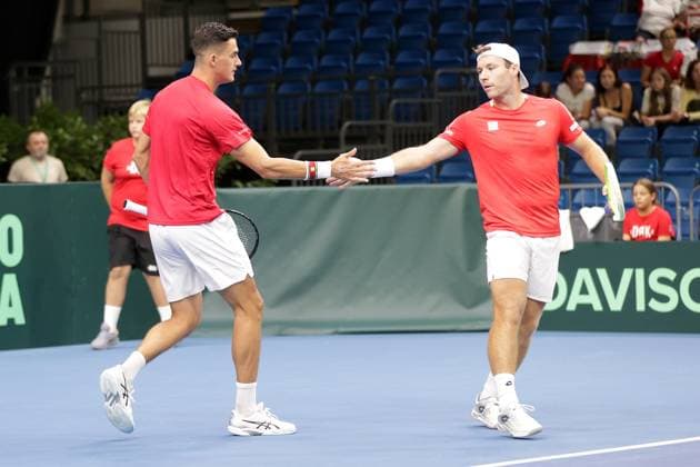 TENNIS - Davis Cup, HUN vs AUT DEBRECEN,HUNGARY,13.SEP.25 - TENNIS - ITF Davis Cup, qualification round 2, Hungary vs Austria. Image shows Alexander Erler and Lucas Miedler (AUT).  GEPAxpictures xWalterxLuger