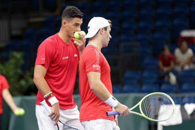 TENNIS - Davis Cup, HUN vs AUT DEBRECEN,HUNGARY,13.SEP.25 - TENNIS - ITF Davis Cup, qualification round 2, Hungary vs Austria. Image shows Alexander Erler and Lucas Miedler (AUT).  GEPAxpictures xWalterxLuger
