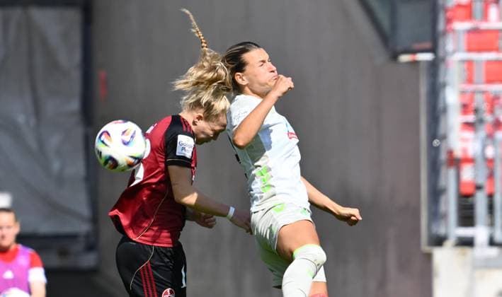 13 09 2025 Soccer season 2025 2026 1 Google Pixel Women Bundesliga 02 Matchday 1 FC Nürnberg FCN Club Clubfrauen SV Werder Bremen SVW Sportfoto Zink xwoxzix Franziska Mai 18, 1 FC Nürnberg FCN in header duel with Medina Desic 9, SV Werder Bremen
