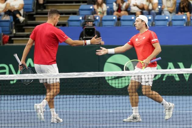 TENNIS - Davis Cup, HUN vs AUT DEBRECEN,HUNGARY,13.SEP.25 - TENNIS - ITF Davis Cup, qualification round 2, Hungary vs Austria. Image shows Alexander Erler and Lucas Miedler (AUT).  GEPAxpictures xWalterxLuger
