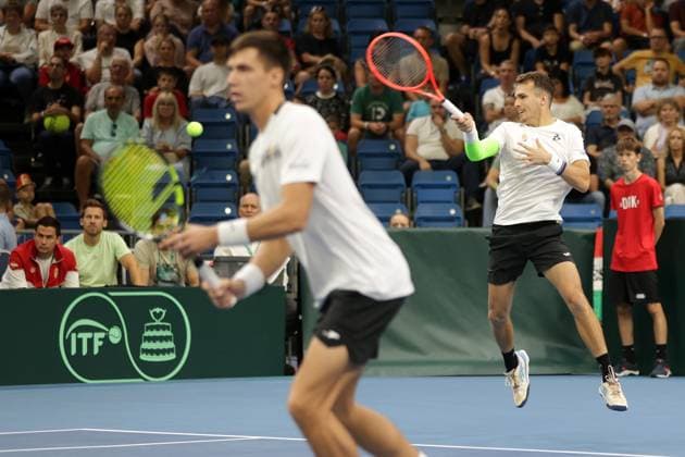 TENNIS - Davis Cup, HUN vs AUT DEBRECEN,HUNGARY,13.SEP.25 - TENNIS - ITF Davis Cup, qualification round 2, Hungary vs Austria. Image shows Fabian Marozsan and Zsombor Piros (HUN).  GEPAxpictures xWalterxLuger