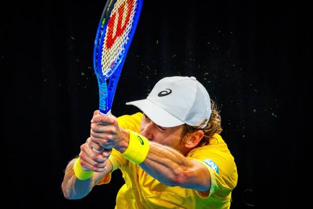 Australian Alex De Minaur pictured in action duringa a tennis match between Belgian Collignon and Australian De Minaur, during the qualifier of the Davis Cup, Saturday 13 September 2025, in Sydney, Australia. Belgium and Australia will compete this weekend in the second round of the Davis Cup qualifiers. PATRICKxHAMILTON  x134093370x