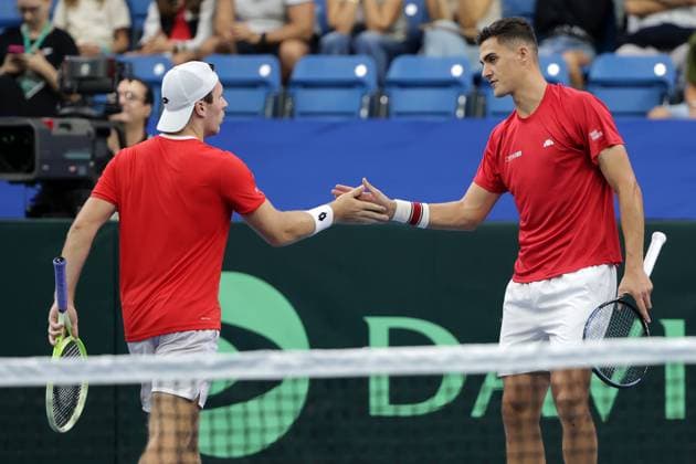 TENNIS - Davis Cup, HUN vs AUT DEBRECEN,HUNGARY,13.SEP.25 - TENNIS - ITF Davis Cup, qualification round 2, Hungary vs Austria. Image shows Lucas Miedler and Alexander Erler (AUT).  GEPAxpictures xWalterxLuger