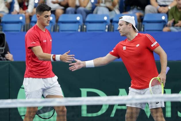 TENNIS - Davis Cup, HUN vs AUT DEBRECEN,HUNGARY,13.SEP.25 - TENNIS - ITF Davis Cup, qualification round 2, Hungary vs Austria. Image shows Alexander Erler and Lucas Miedler (AUT).  GEPAxpictures xWalterxLuger