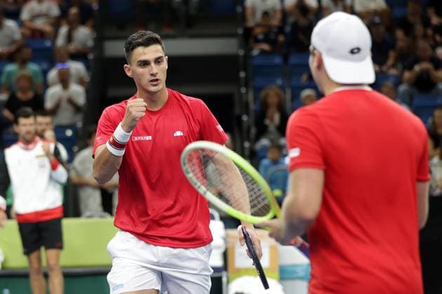 TENNIS - Davis Cup, HUN vs AUT DEBRECEN,HUNGARY,13.SEP.25 - TENNIS - ITF Davis Cup, qualification round 2, Hungary vs Austria. Image shows the rejoicing of Alexander Erler and Lucas Miedler (AUT).  GEPAxpictures xWalterxLuger