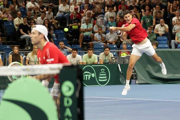 TENNIS - Davis Cup, HUN vs AUT DEBRECEN,HUNGARY,13.SEP.25 - TENNIS - ITF Davis Cup, qualification round 2, Hungary vs Austria. Image shows Lucas Miedler and Alexander Erler (AUT).  GEPAxpictures xWalterxLuger