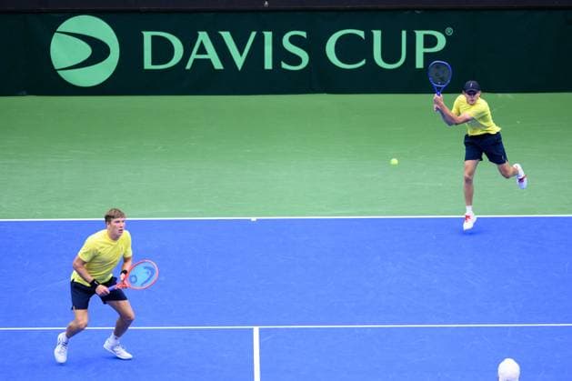 250913 AndrÃ Göransson and Erik Grevelius of Sweden during the Davis Cup tennis doubles match between Sweden and Tunisia on September 13, 2025 in Partille Photo Carl Sandin BILDBYRAN code CS CS0769 tennis davis cup sweden sverige tunisien tunisia bbeng dubbelsverige sweden  Copyright: CARLxSANDIN BB250913CS001