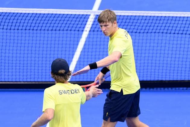 250913 AndrÃ Göransson of Sweden celebrates during the Davis Cup tennis doubles match between Sweden and Tunisia on September 13, 2025 in Partille Photo Carl Sandin BILDBYRAN code CS CS0769 tennis davis cup sweden sverige tunisien tunisia bbeng dubbeljubel sverige sweden celebrates  Copyright: CARLxSANDIN BB250913CS007