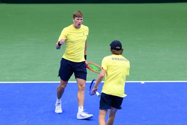 250913 AndrÃ Göransson of Sweden celebrates during the Davis Cup tennis doubles match between Sweden and Tunisia on September 13, 2025 in Partille Photo Carl Sandin BILDBYRAN code CS CS0769 tennis davis cup sweden sverige tunisien tunisia bbeng dubbeljubel sverige sweden celebrates  Copyright: CARLxSANDIN BB250913CS009