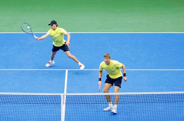 PARTILLE, SWEDEN 20250913 Swedens AndrÃ Göransson and Erik Grevelius in caps in the doubles match against Tunisias Aziz Ouakaa and Moez Echargui in the Davis Cup meeting between Sweden and Tunisia in Partille arena PARTILLE SWEDEN x9200x  Copyright: xAdamxIhse TTx DAVIS CUP SVERIGE-TUNISIEN