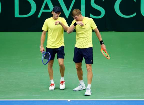 PARTILLE, SWEDEN 20250913 Swedens AndrÃ Göransson and Erik Grevelius in caps in the doubles match against Tunisias Aziz Ouakaa and Moez Echargui in the Davis Cup meeting between Sweden and Tunisia in Partille arena PARTILLE SWEDEN x9200x  Copyright: xAdamxIhse TTx DAVIS CUP SVERIGE-TUNISIEN