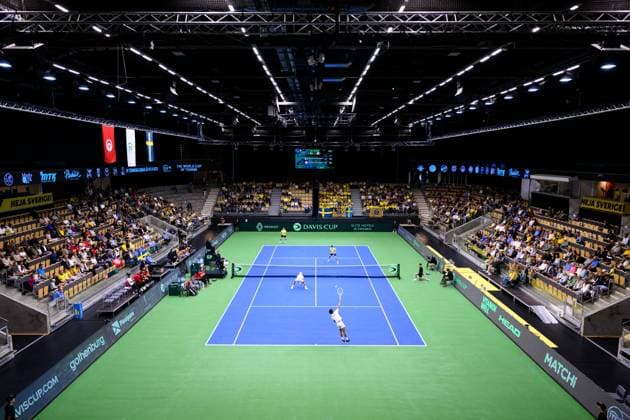 250913 Aziz Ouakaa of Tunisia and Erik Grevelius and AndrÃ Göransson of Sweden and Moez Echargui of Tunisia during the Davis Cup tennis doubles match between Sweden and Tunisia on September 13, 2025 in Partille Photo Carl Sandin BILDBYRAN code CS CS0769 tennis davis cup sweden sverige tunisien tunisia bbeng dubbelsverige sweden  Copyright: CARLxSANDIN BB250913CS011