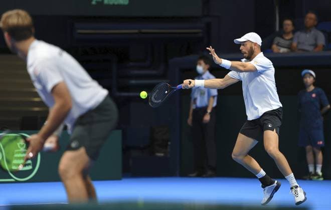 Tennis: Davis Cup Kevin Krawietz (front) and Tim Puetz of Germany play against Yosuke Watanuki and Takeru Yuzuki of Japan in the second round of the Davis Cup team tennis qualifiers at Ariake Colosseum in Tokyo on Set. 13, 2025.  A14AA0004844926P