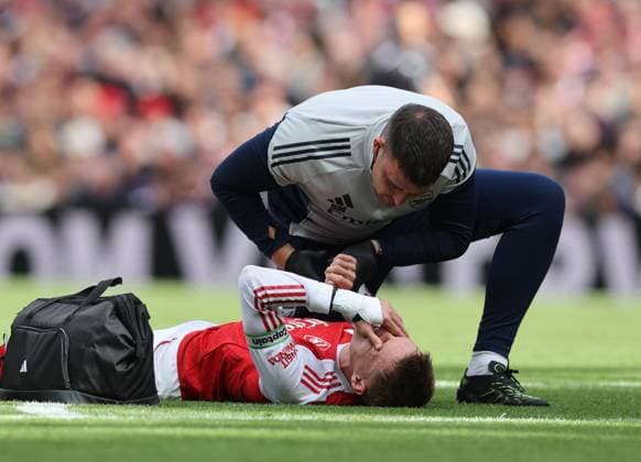 London, England, 13th September 2025. Martin Odegaard of Arsenal shows his frustration at getting injured during the Arsenal vs Nottingham Forest Premier League match at the Emirates Stadium, London. Picture credit should read: David Klein Sportimage EDITORIAL USE ONLY. No use with unauthorised audio, video, data, fixture lists, club league logos or live services. Online in-match use limited to 120 images, no video emulation. No use in betting, games or single club league player publications. SPI_012_DK_Arsenal_Forest SPI-4131-0012