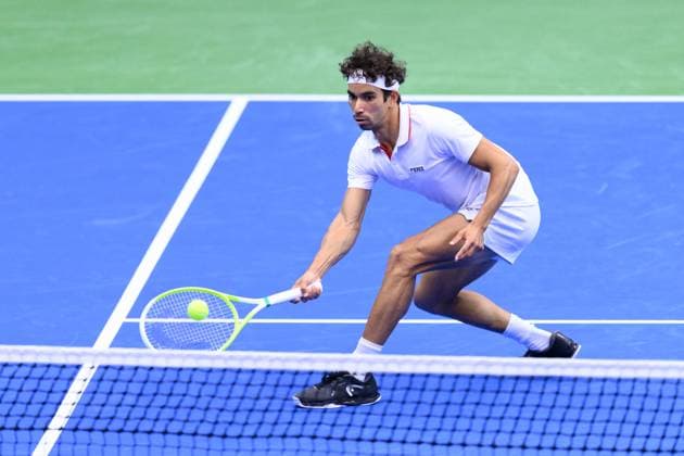 250913 Moez Echargui of Tunisia during the Davis Cup tennis doubles match between Sweden and Tunisia on September 13, 2025 in Partille Photo Carl Sandin BILDBYRAN code CS CS0769 tennis davis cup sweden sverige tunisien tunisia bbeng dubbelsverige sweden  Copyright: CARLxSANDIN BB250913CS016