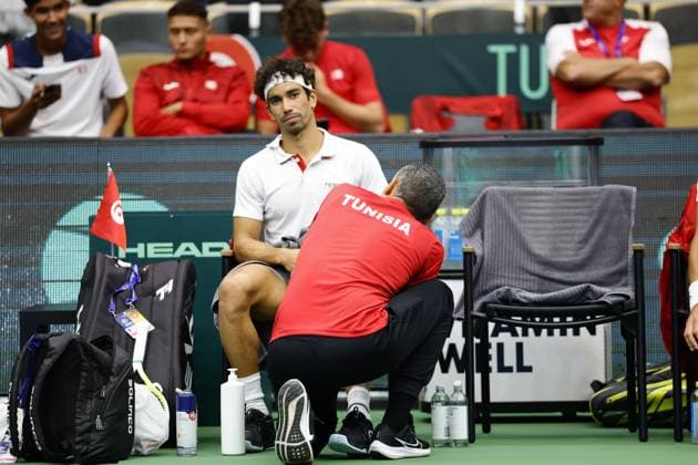 PARTILLE, SWEDEN 20250913 Tunisian Moez Echargui receives treatment in the Davis Cup match between Sweden and Tunisia in Partille arena PARTILLE SWEDEN x9200x  Copyright: xAdamxIhse TTx DAVIS CUP SWEDEN-TUNISIA