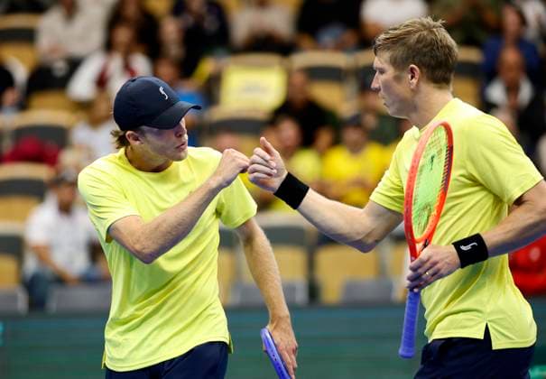 PARTILLE, SWEDEN 20250913 Sweden s AndrÃ Göransson and Erik Grevelius in cap in the doubles match against Tunisia s Aziz Ouakaa in cap and Moez Echargui in the Davis Cup match between Sweden and Tunisia in Partille arena PARTILLE SWEDEN x9200x  Copyright: xAdamxIhse TTx DAVIS CUP SWEDEN-TUNISIA