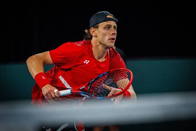 Belgian Zizou Bergs pictured in action duringa a tennis match between Belgian Bergs and Australian Thompson, during the qualifier of the Davis Cup, Saturday 13 September 2025, in Sydney, Australia. Belgium and Australia will compete this weekend in the second round of the Davis Cup qualifiers. PATRICKxHAMILTON  x134102633x