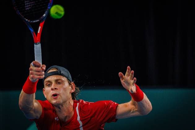 Belgian Zizou Bergs pictured in action duringa a tennis match between Belgian Bergs and Australian Thompson, during the qualifier of the Davis Cup, Saturday 13 September 2025, in Sydney, Australia. Belgium and Australia will compete this weekend in the second round of the Davis Cup qualifiers. PATRICKxHAMILTON  x134102659x