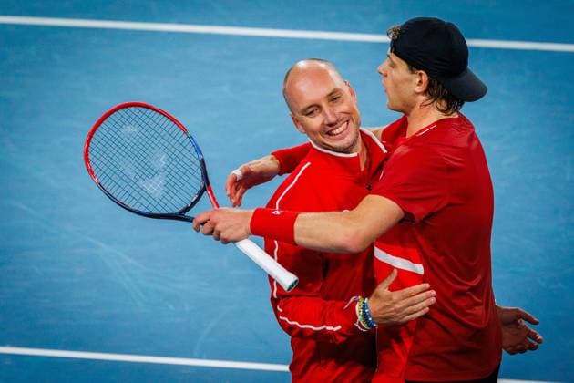 Belgian captain Steve Darcis, Belgian Zizou Bergs and pictured duringa a tennis match between Belgian Bergs and Australian Thompson, during the qualifier of the Davis Cup, Saturday 13 September 2025, in Sydney, Australia. Belgium and Australia will compete this weekend in the second round of the Davis Cup qualifiers. PATRICKxHAMILTON  x134103049x