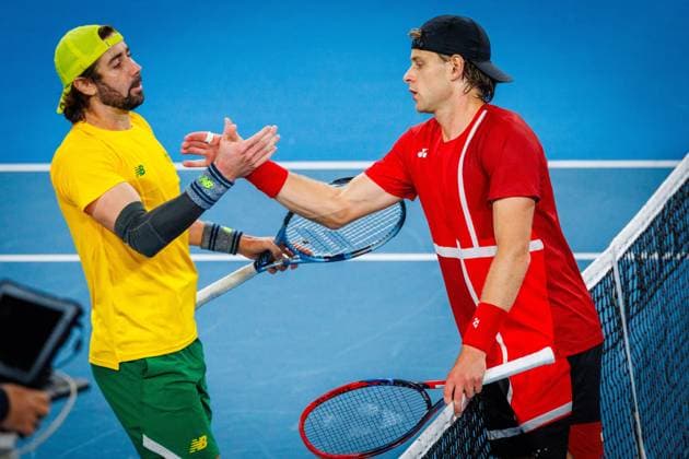 Australian Jordan Thompson and Belgian Zizou Bergs pictured aftera a tennis match between Belgian Bergs and Australian Thompson, during the qualifier of the Davis Cup, Saturday 13 September 2025, in Sydney, Australia. Belgium and Australia will compete this weekend in the second round of the Davis Cup qualifiers. PATRICKxHAMILTON  x134103058x