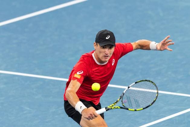 September 13, 2025, Sydney, Nsw, Australia: RAPHAEL COLLIGNON of Belgium volleys against ALEX DE MINAUR of Australia in the Davis Cup tie between Australia and Belgium Sydney Australia - ZUMAt173 20250913_zsp_t173_010 Copyright: xStephanexThomasx