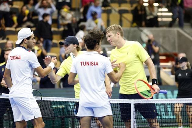 PARTILLE, SWEDEN 20250913 Swedens AndrÃ Göransson and Erik Grevelius in cap celebrate after winning the doubles match against Tunisias Aziz Ouakaa in cap and Moez Echargui in the Davis Cup meeting between Sweden and Tunisia in Partille arena PARTILLE SWEDEN x9200x  Copyright: xAdamxIhse TTx DAVIS CUP SVERIGE-TUNISIEN