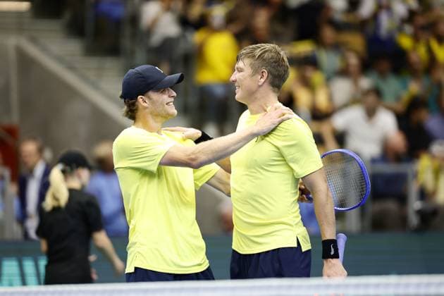 PARTILLE, SWEDEN 20250913 Swedens AndrÃ Göransson and Erik Grevelius in cap celebrate after winning the doubles match against Tunisias Aziz Ouakaa in cap and Moez Echargui in the Davis Cup meeting between Sweden and Tunisia in Partille arena PARTILLE SWEDEN x9200x  Copyright: xAdamxIhse TTx DAVIS CUP SVERIGE-TUNISIEN