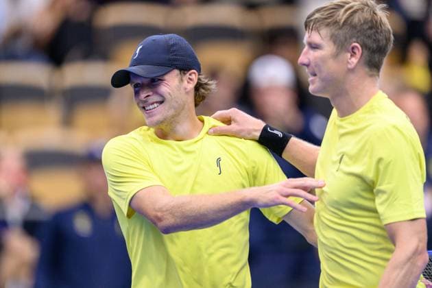 250913 Erik Grevelius and AndrÃ Göransson of Sweden celebrates after the Davis Cup tennis doubles match between Sweden and Tunisia on September 13, 2025 in Partille Photo Carl Sandin BILDBYRAN code CS CS0769 tennis davis cup sweden sverige tunisien tunisia bbeng dubbeljubel sverige sweden celebrates  Copyright: CARLxSANDIN BB250913CS033