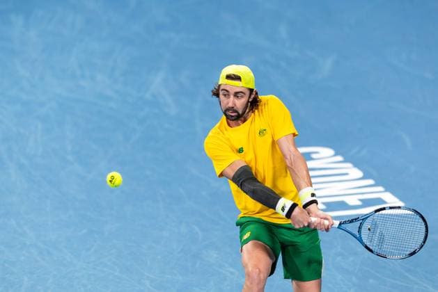September 13, 2025, Sydney, Nsw, Australia: JORDAN THOMPSON of Australia plays a backhand against ZIZOU BERGS of Belgium in the Davis Cup tie between Australia and Belgium Sydney Australia - ZUMAt173 20250913_zsp_t173_013 Copyright: xStephanexThomasx