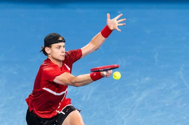 September 13, 2025, Sydney, Nsw, Australia: ZIZOU BERGS of Belgium plays a forehand against JORDAN THOMPSON of Australia in the Davis Cup tie between Australia and Belgium Sydney Australia - ZUMAt173 20250913_zsp_t173_031 Copyright: xStephanexThomasx