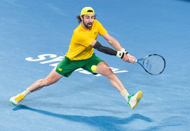 September 13, 2025, Sydney, Nsw, Australia: JORDAN THOMPSON of Australia plays a backhand against ZIZOU BERGS of Belgium in the Davis Cup tie between Australia and Belgium Sydney Australia - ZUMAt173 20250913_zsp_t173_028 Copyright: xStephanexThomasx
