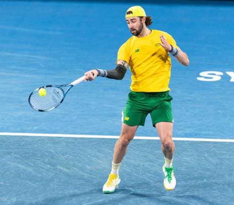 September 13, 2025, Sydney, Nsw, Australia: JORDAN THOMPSON of Australia plays a forehand against ZIZOU BERGS of Belgium in the Davis Cup tie between Australia and Belgium Sydney Australia - ZUMAt173 20250913_zsp_t173_038 Copyright: xStephanexThomasx