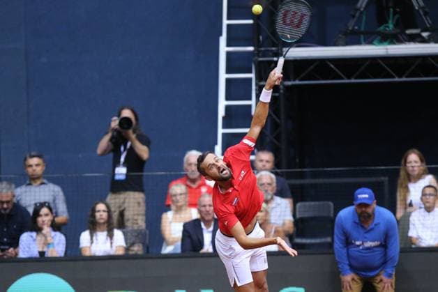 Croatia v France - 2025 Davis Cup Qualifiers Second Round: Day 2 OSIJEK, CROATIA - SEPTEMBER 13: Mate Pavic of Croatia serves a ball during the 2025 Davis Cup Qualifier second round match against Benjamin Bonzi and Pierre-Hugues Herbert of France at Dvorana Gradski Vrt on September 13, 2025 in Osijek, Croatia.  DavidxJerkovic PIXSELL