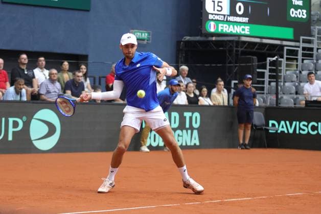 Croatia v France - 2025 Davis Cup Qualifiers Second Round: Day 2 OSIJEK, CROATIA - SEPTEMBER 13: Benjamin Bonzi plays a forehand during the 2025 Davis Cup Qualifier second round match against Mate Pavic and Nikola Mektic of Croatia at Dvorana Gradski Vrt on September 13, 2025 in Osijek, Croatia.  DavidxJerkovic PIXSELL