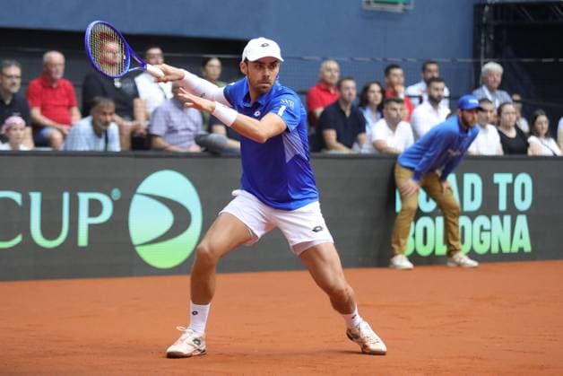 Croatia v France - 2025 Davis Cup Qualifiers Second Round: Day 2 OSIJEK, CROATIA - SEPTEMBER 13: Benjamin Bonzi plays a forehand during the 2025 Davis Cup Qualifier second round match against Mate Pavic and Nikola Mektic of Croatia at Dvorana Gradski Vrt on September 13, 2025 in Osijek, Croatia.  DavidxJerkovic PIXSELL