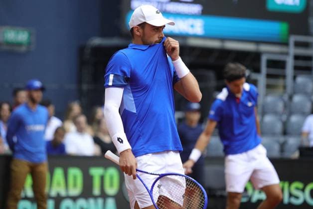 Croatia v France - 2025 Davis Cup Qualifiers Second Round: Day 2 OSIJEK, CROATIA - SEPTEMBER 13: Benjamin Bonzi of France kisses his shirt during the 2025 Davis Cup Qualifier second round match against Mate Pavic and Nikola Mektic of Croatia at Dvorana Gradski Vrt on September 13, 2025 in Osijek, Croatia.  DavidxJerkovic PIXSELL