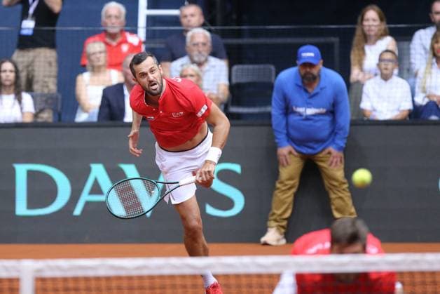 Croatia v France - 2025 Davis Cup Qualifiers Second Round: Day 2 OSIJEK, CROATIA - SEPTEMBER 13: Mate Pavic of Croatia in action during the 2025 Davis Cup Qualifier second round match against Benjamin Bonzi and Pierre-Hugues Herbert of France at Dvorana Gradski Vrt on September 13, 2025 in Osijek, Croatia.  DavidxJerkovic PIXSELL