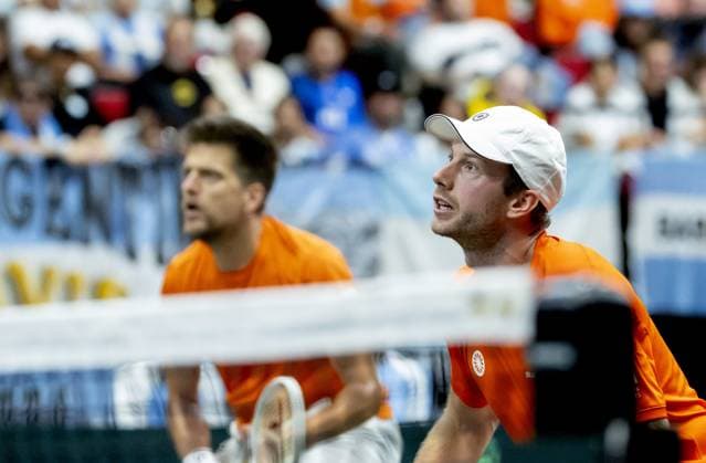 GRONINGEN - Sander Arends and Botic van de Zandschulp on the second day of the second qualifying round for the Davis Cup Finals between the Netherlands and Argentina at Martiniplaza. ANP SANDER KONING xVIxANPxSportx xxANPxIVx 536105930 originalFilename: 536105930.jpg