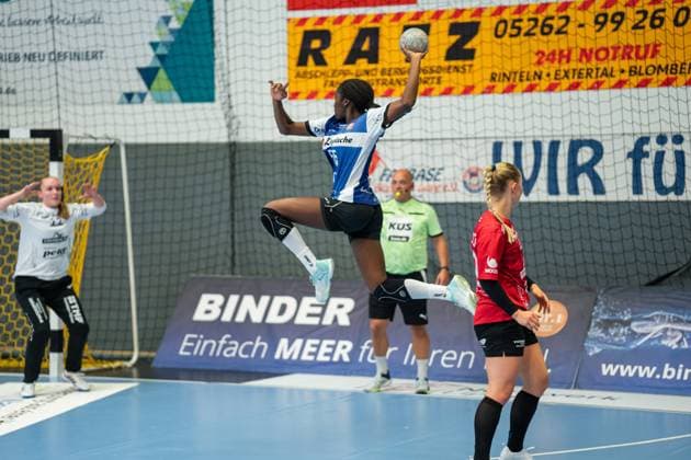 HSG Blomberg Lippe GER vs Thueringer HC GER , Handball, 1 Handball Bundesliga Women, 3 Matchday, 13 09 2025, Season 2025 2026, Blomberg Farrelle Njinkeu HSG Blomberg Lippe, 55 in goal Blomberg Sporthalle an der Ulmenallee Germany