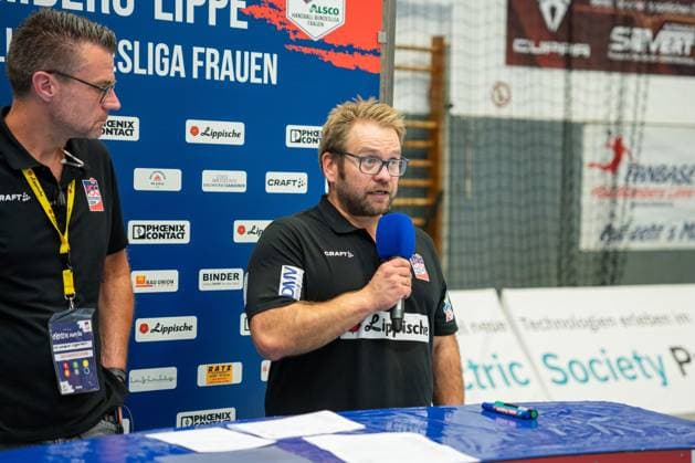 HSG Blomberg Lippe GER vs Thueringer HC GER , Handball, 1 Handball Bundesliga Women, Matchday 3, 13 09 2025, Season 2025 2026, Blomberg Steffen Birkner HSG Blomberg Lippe, Coach at the press conference Blomberg Sporthalle an der Ulmenallee Germany